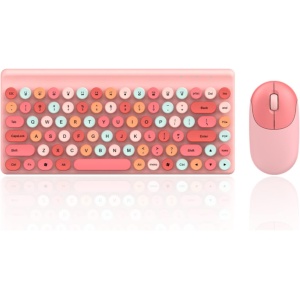 Combo de Mouse de Teclado Inalámbrico, Mouse Y Teclado Inalámbricos de 2.4GHz 1200DPI con Teclado de Máquina de Escribir Retro, Lindo Teclado Y Mouse Ergonómicos para Computadora(Rosa)