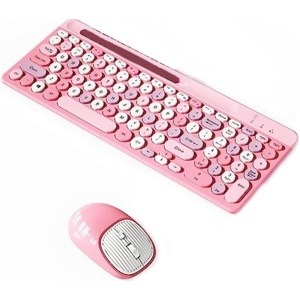 Yominerr Teclado y RatóN Bluetooth InaláMbricos, CombinacióN de Teclado y RatóN Recargable para Varios Dispositivos con Soporte para TeléFono (Rosa)