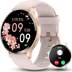 Bmoled Reloj Inteligente Mujer Hombre Llamadas Bluetooth 5.1/Marcación, 1,45" Smartwatch con SpO2, Seguimiento del Menstrual, Monitor Sueño, Whatsapp Notificaciones Android iOS Oro