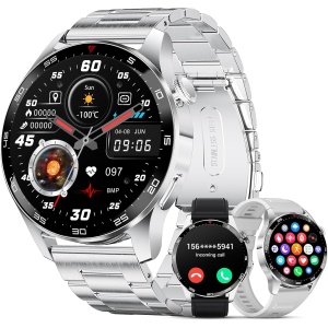 FOXBOX Reloj Inteligente Hombre 3 Correas, Llamada Bluetooth 1.43" Amoled Display Smartwatch, Pulsómetro, Monitor de Sueño,IP68 Impermeable, 100+ Modos Deportivos para Android iOS Plata