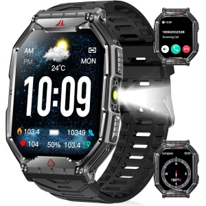 Reloj Inteligente Hombre, 2.1" AMOLED Smartwatch Militar con Linterna, 60-90 Días en Espera/Brújula/Altímetro/Barómetro/Presión Arterial/Sueño, Llamadas Bluetooth, Pulsera Actividad para iOS Android