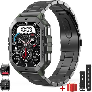 Reloj Inteligente Hombre(2 Correas), 2,02"Smartwatch Hombre con Llamadas Bluetooth, 1ATM Impermeable, Pulsómetro Presión Arterial Monito de Sueño 100+ Modos Deportivos para Android iOS(Verde militar)