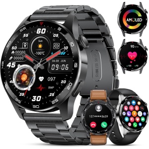 FOXBOX Reloj Inteligente Hombre 3 Correas, Llamada Bluetooth 1.43" Amoled Display Smartwatch, Pulsómetro, Monitor de Sueño,IP68 Impermeable, 100+ Modos Deportivos para Android iOS Negro