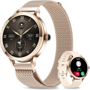 niolina Reloj Inteligente Mujer, 1.106'' HD AMOLED Smartwatch con Llamadas, 100+ Modos Deporte, 24H Monitor Podómetro Caloría SpO2 Sueño Reloj Mujer para Android iOS, IP68 Impermeable, Oro Rosa