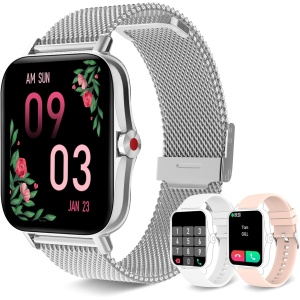 Reloj Inteligente Mujer con Llamadas, Smartwatch Mujer 3 Correas, 1,69" Reloj Deportivo Presión Arterial Ritmo Cardíaco Oxígeno Sanguíneo Sueño Reloj Digital Pulsera Actividad Android iPhone, Plata
