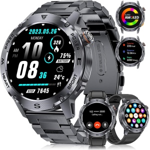 FOXBOX Reloj Inteligente Hombre Militar, 1.43''AMOLED Smartwatch con Llamadas Bluetooth,3 Cinturini, 100+Modos Deporte, Pulsómetro Sueño, IP68 Impermeable Smartwatch Hombre para Android iOS Negro