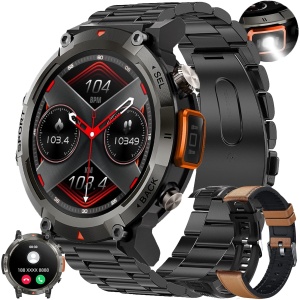 Reloj Inteligente Hombre con Llamadas,1,45 Pulgada Smartwatch Deportivo con Linterna Podometro Pulsometro SpO2 Sueño Presion Arterial Pulsera Actividad 5ATM Reloj Digital para iOS Android(3 Correas)