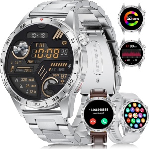 FOXBOX Reloj Inteligente Hombre con 3 Correas,1.43" AMOLED Smartwatch Hombre Llamadas Bluetooth, 100+Modos Deportivos,Monitor de Sueño,Pulsómetro IP68 Smartwatch para Android iOS Plata
