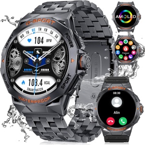 Reloj Inteligente Hombre Militar 1.43'' AMOLED,IP68 400mAh 100+ Modos Deportivos/SpO2/Pulsómetro/Pulsera Ritmo Cardíaco Monitor Digital Actividad Fitness Tracker Smartwatch con Llamadas iOS Android