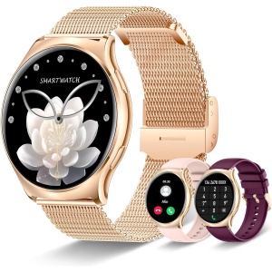 Reloj Inteligente Mujer con Llamadas, 1.43" AMOLED Smartwatch Mujer Redondo 3 Correas, 100+ Modos Deportivos, Función Femenina Pulsómetro Cuenta Pasos Monitor Sueño, para Android iOS, Regalo Mujer