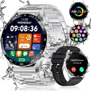LIGE Reloj Inteligente Hombre, 1.43'' AMOLED Smartwatch Hombre, Llamadas y Asistente Voz, 2 Correas, 15 días de duración de la batería, 124 Deportes Modo Reloj Deportivo para Android iOS, Plata