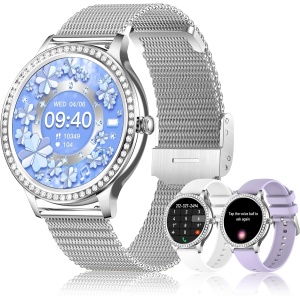 Colesma Reloj Inteligente Mujer con Diamantes, Smartwatch Redondo para iOS Android, Llamadas Bluetooth Whatsapp Notificación, Asistente Voz, 1,32" Reloj Fitness con FC/SpO2/Podómetro Plata