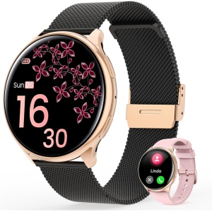 RifePhi 2024 Reloj Inteligente Mujer con Llamadas Bluetooth, Pantalla HD de 1.39'', SpO2/IP68 Resistente al Agua/sueño/Ciclo Menstrual/seguidor de Fitness para iOS Android, Regalo Mujer (Oro Negro)