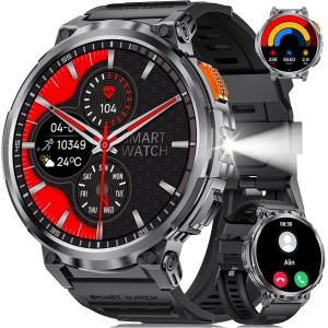 FOXBOX 1.85" IPS Ultra Grande Reloj Inteligente Hombre con LED Linterna, Militar Smartwatch para Android iOS, IP68, Llamadas, 24H Frecuencia Cardíaca, 730mAh, 110+ Deportes
