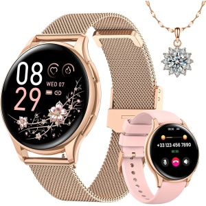 Sanorum Reloj Inteligente Mujer, 1.27" Smartwatch Mujer con Llamadas 5.3, Función Femenina, 24H Pulsometro, 24H SpO2, Monitor de Sueño, 120+ Modos Deportivos, Calorías, Podómetro, Android iOS Rosa Oro