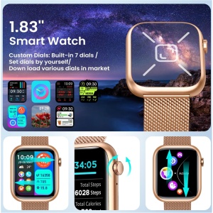 Reloj Inteligente Mujer Smartwatch con Llamada: 1.83'' Oro Digital Smart Watch con Bluetooth Whatsapp Pulsómetro/Monitor de Sueño 123 Mode Deportivos Pulsera Actividad 3 Correa para iPhone iOS Android
