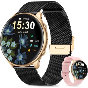 SLOKSFil Reloj Inteligente Mujer con Llamada Bluetooth, 1.39'' Smartwatch/Ciclo Menstrual/Ritmo Cardíaco/Monitor del Sueño/Pedómetro/IP67 Resistente Agua/para iOS Android (Negro Oro)