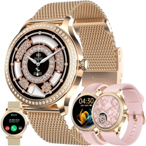 Reloj Inteligente Mujer con Llamadas, 3 Correas, 1,28 Pulgada Smartwatch Deportivo con Diamond Podometro Pulsometro SpO2 Sueño Presion Arterial Actividad 5ATM Reloj Digital para iOS Android (Oro)