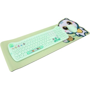 Bewinner Combo de Teclado y Ratón Inalámbricos con Alfombrilla de Ratón Grande, 110 Teclas, Teclado de Máquina de Escribir Retro de Gato Lindo con Teclas Redondas, Juego de Ratón de