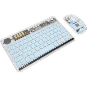 Bewinner Teclado y Ratón Bluetooth Inalámbricos, Combinación de Teclado y Ratón Recargable con Retroiluminación RGB de Modo Dual, Teclado Transparente Compatible con Múltiples (Azul)