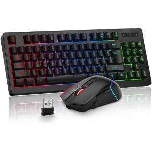 BlueFinger Combo de teclado y mouse inalámbrico para juegos, batería recargable de larga duración, 87 teclas, teclado RGB retroiluminado para juegos y ratones ergonómicos con iluminación para Mac,