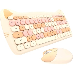 Bodhi2000 Juego de teclado y ratón práctico de ahorro de energía de dibujos animados inalámbrico teclado ratón peine conjunto beige claro