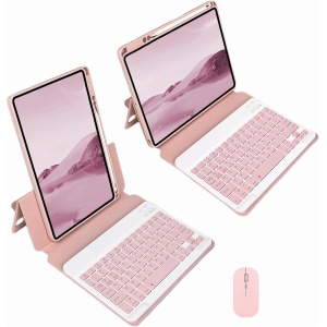 CLALOC Teclado Funda con Ratón para iPad Pro 11Inch 2022/2021/2020/2018 Air2/3/4/5 Teclado Bluetooth Inalámbrico Desmontable Soporte para Lápiz Slim Leather Smart Cover,Rosado,Pro 11 2020