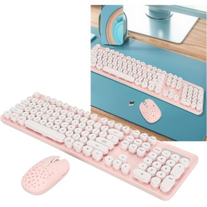 Combinación de Teclado y Mouse Inalámbricos de 2.4G Teclas Redondas Retro Ratón de Alto Rendimiento Conexión Inalámbrica dpi Ajustable para Oficina y Estudio (Tablero Rosa)