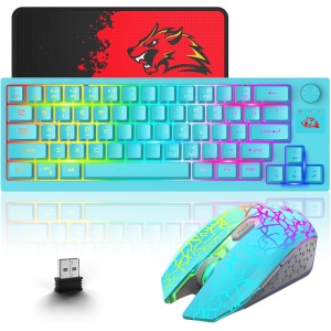 Combo Teclado y Ratón Inalámbrico para Windows, 2.4 GHz con Receptor USB, 64 Teclas con Perilla RGB Retroiluminado Recargable 3000mAh Batería Teclado 2400 dpi Mouse con Alfombrilla de ratón - Azul
