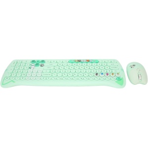 Combo de Teclado Inalámbrico y Ratón de 2,4 GHz con Tema de Gato Lindo, 110 Teclas Redondas, Teclado de Máquina de Escribir, 4 Teclas, Ratón óptico Verde, Ergonómico, Compatible