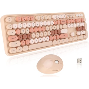 Combo de Teclado Y Mouse Inalámbricos, Colorido Teclado de Máquina de Escribir de Teclas Redondas con Teclado Numérico, Teclado Ergonómico Kawaii de 104(color de té de leche dulce color mezclado)