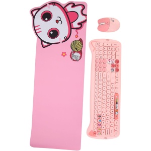 Combo de Teclado y Ratón, 110 Teclas Redondas, Teclado y Ratón, Tema Inalámbrico de Gatito para Oficina