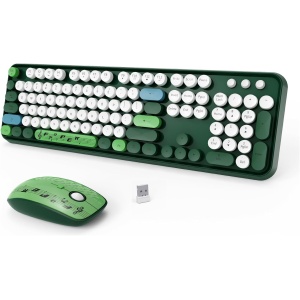 Combo de teclado y mouse inalámbricos, lindo y colorido de 104 teclas de tamaño completo, teclado retro inalámbrico y mouse inalámbrico para Windows, PC, laptop, escritorio, verde