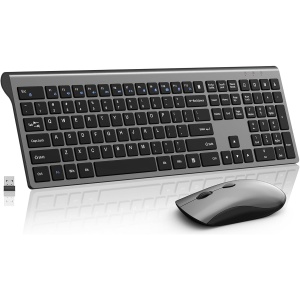 Combo de teclado y mouse inalámbricos, teclado delgado y delgado con receptor USB, clic silencioso, 2400 DPI, interruptor de tijera inalámbrico de tamaño completo, para laptop, PC, Windows, gris y