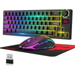 Juego de Teclado y Mouse Inalámbricos Recargable 4000mAh Semi-Mecánico Gaming Keyboard+Ratones Mudos de 2400 DPI con Retroiluminación Arcoíris RGB Receptor USB 2.4G+Mouse Pad para PC MAC-Negro - Imagen 1