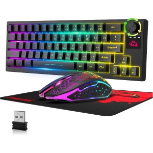 Juego de Teclado y Mouse Inalámbricos Recargable 4000mAh Semi-Mecánico Gaming Keyboard+Ratones Mudos de 2400 DPI con Retroiluminación Arcoíris RGB Receptor USB 2.4G+Mouse Pad para PC MAC-Negro