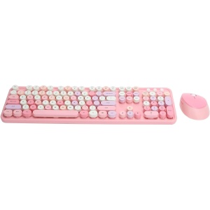 Juego de Teclado y Ratón, Teclado de Escritorio de 104 Teclas, Teclado Inalámbrico Inteligente para PC para Computadora (Tema Rosa)
