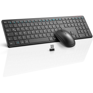 Juego de teclado y ratón inalámbrico, QCen 2,4 GHz, ultrafino, teclado inalámbrico ergonómico en tamaño estándar con 19 teclas especiales y un teclado numérico, para PC, portátil, disposición alemana