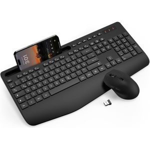 Juego de teclado y ratón inalámbrico, teclado ergonómico de tamaño completo con reposamuñecas, soporte para teléfono, modo de suspensión, teclado y ratón inalámbricos silenciosos de 2,4 GHz para Mac,