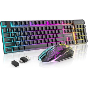 Juego de teclado y ratón inalámbricos 2.4 G recargable con tacto mecánico, impermeable, color naranja retroiluminado, gran capacidad 2400 DPI LED ratón para juegos+Alfombrilla de ratón(negro/naranja)