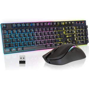 KLIM Thunder QWERTZ DE Layout Combo de Teclado y Mouse inalámbricos para Juegos - Teclado inalámbrico retroiluminado con batería incorporada + Ratón inalámbrico para Juegos RGB de 4800 dpi para PC