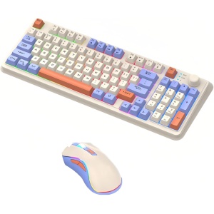 Lancoon 2.4G Combo Teclado y Ratón Inalámbrico con Perilla de Volumen 94 Teclas Dual-Mode Soporte Ajustable Ratones Inalámbricos Recargables dpi Ajustable para Ordenador (Azul)