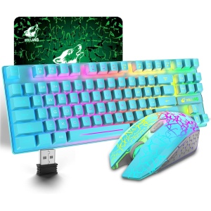 LexonElec Combinación de ratón y teclado inalámbrico para juegos, 87 teclas arcoíris retroiluminación LED batería recargable de 3800 mAh sensación mecánica ratón mudo impermeable RGB (azul)