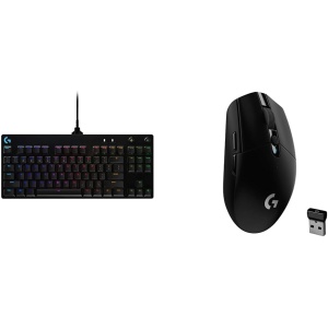 Logitech G Pro TKL Teclado Gaming Mecánico sin Teclado numérico, Teclas GX-Clicky Azules, RGB Lights & 305 Lightspeed Ratón Gaming Inalámbrico, Captor Hero 12K, 12,000 dpi, Ultra-Ligero