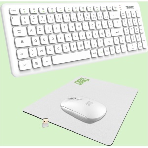 NEWWAY – Pack RF01 Teclado inalámbrico con alfombrilla – Teclado inalámbrico francés (AZERTY) 97 teclas 13 accesos directos multimedia – Ratón WiFi 2.4GHz 4 botones compacto – Receptor USB – Blanco
