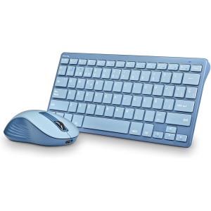 NGS Fantasy Kit Blue -Combo Teclado y Ratón Idioma Francés AZERTY Recargable Inalámbrico Silencioso, Multimodo (2,4 GHz/BT1/BT2), 12 Teclas Multimedia, dpi Ajustable, Compatible con PC/Mac/Tablets
