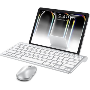 OMOTON Bluetooth Teclado y Ratón Inalámbrico Compatible con iPad/iPad Pro/Air/iPhone Series, con Soporte Plegable, Ligero y Fácil de Llevar,QWERTY Español Ñ- Plata
