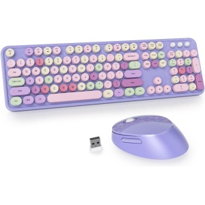 Owpkeenthy Teclado y mouse morados inalámbricos, bonito teclado inalámbrico retro de tamaño completo con almohadilla numérica, receptor USB inalámbrico de 2.4 GHz para computadora/portátil/Windows/Mac