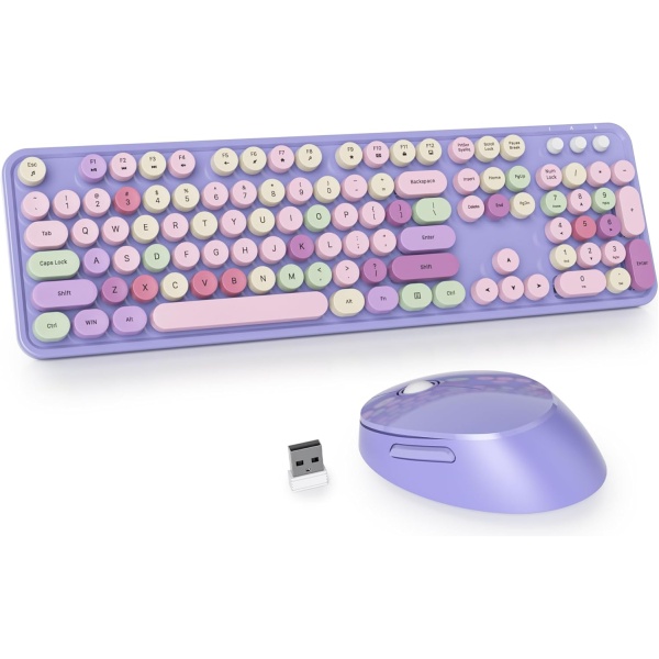 Owpkeenthy Teclado y mouse morados inalambricos bonito teclado inalambrico retro