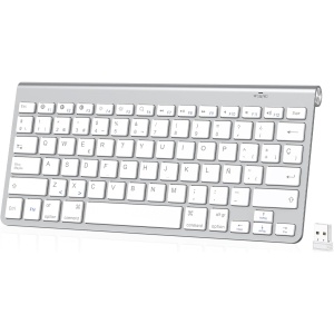 PINKCAT Teclado Inalámbrico, Teclado Bluetooth & 2.4G, Diseño QWERTY español Compacto con Teclas Multimedia para PC, portátil, Ordenador portátil, Windows (Plata)